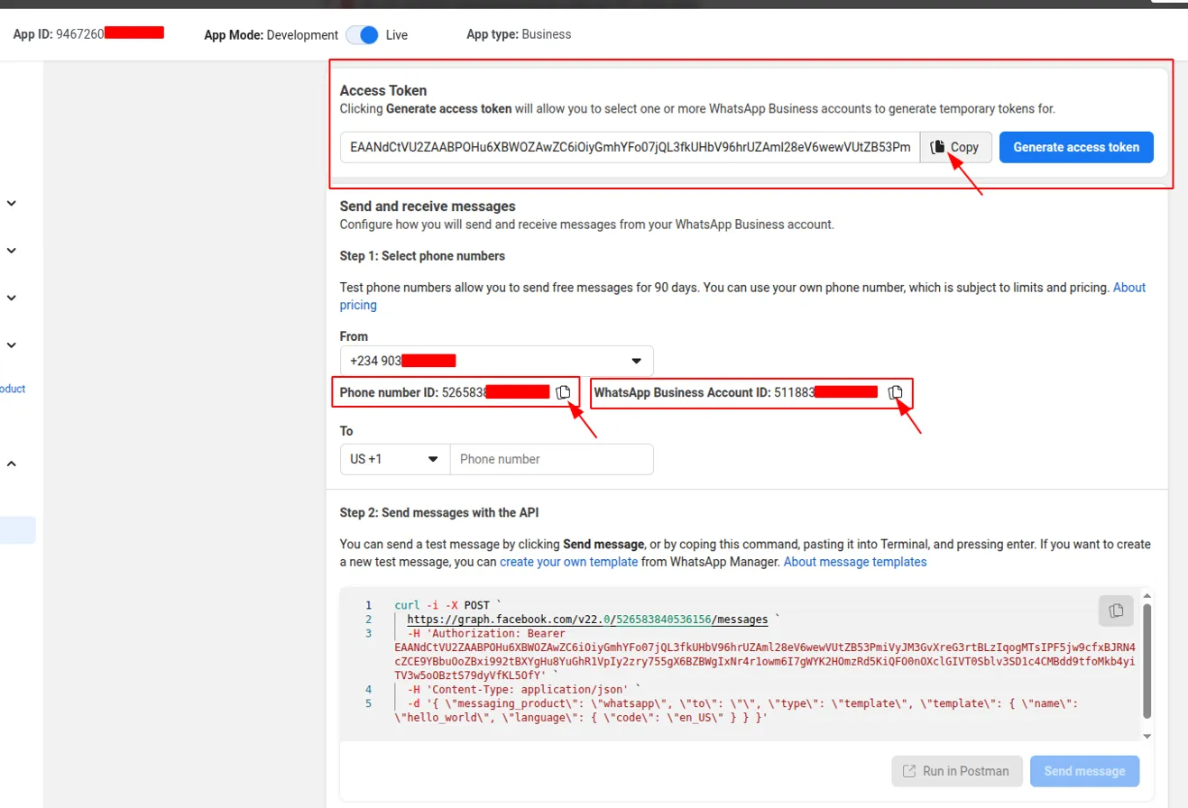 WhatsApp API Setup Screenshot